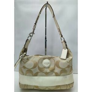 Coach Signature Light Tan Canvas Leather Trim Stripped Zipper Hobo Shoulder Bag